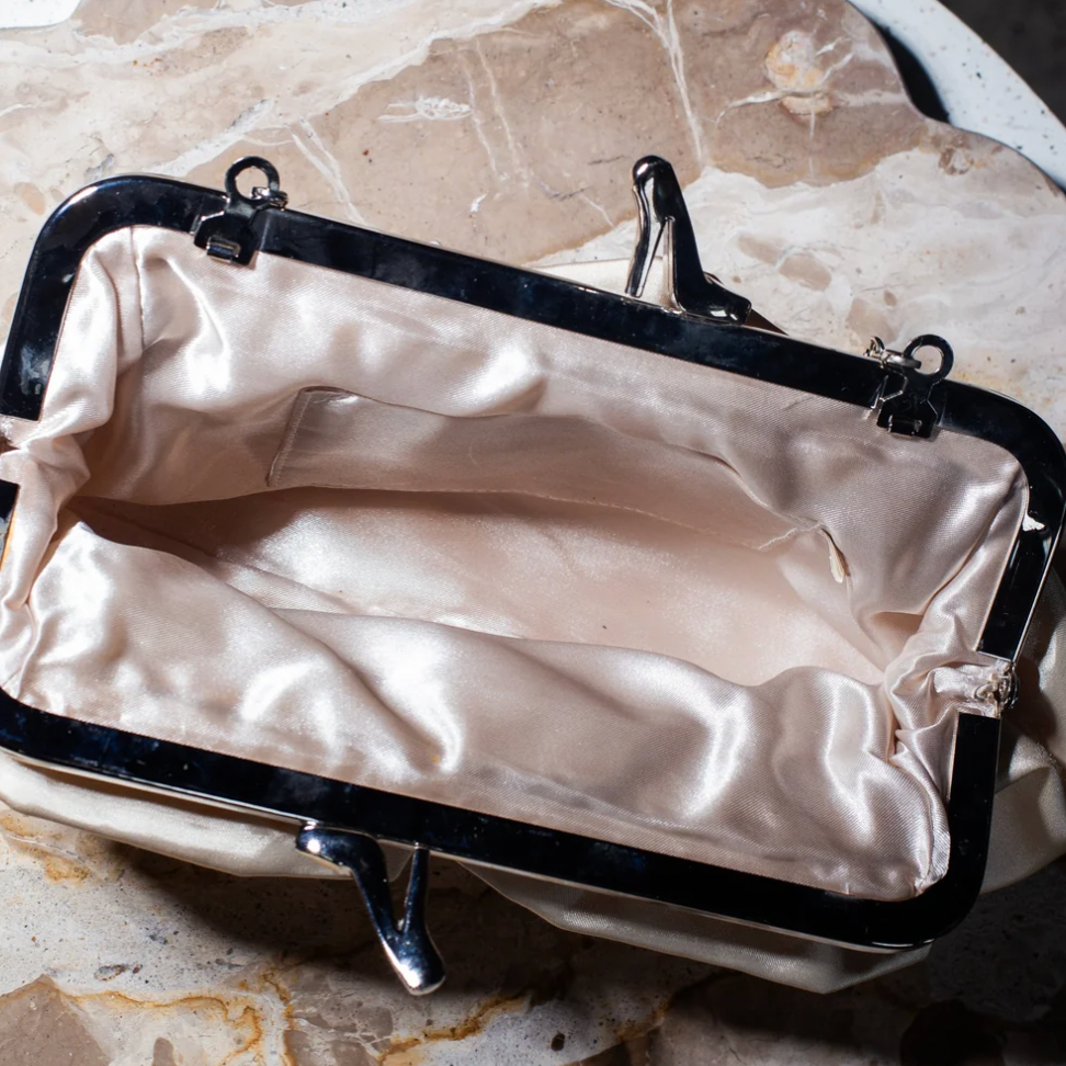 Champagne Satin Evening Bag With Silver Detailing