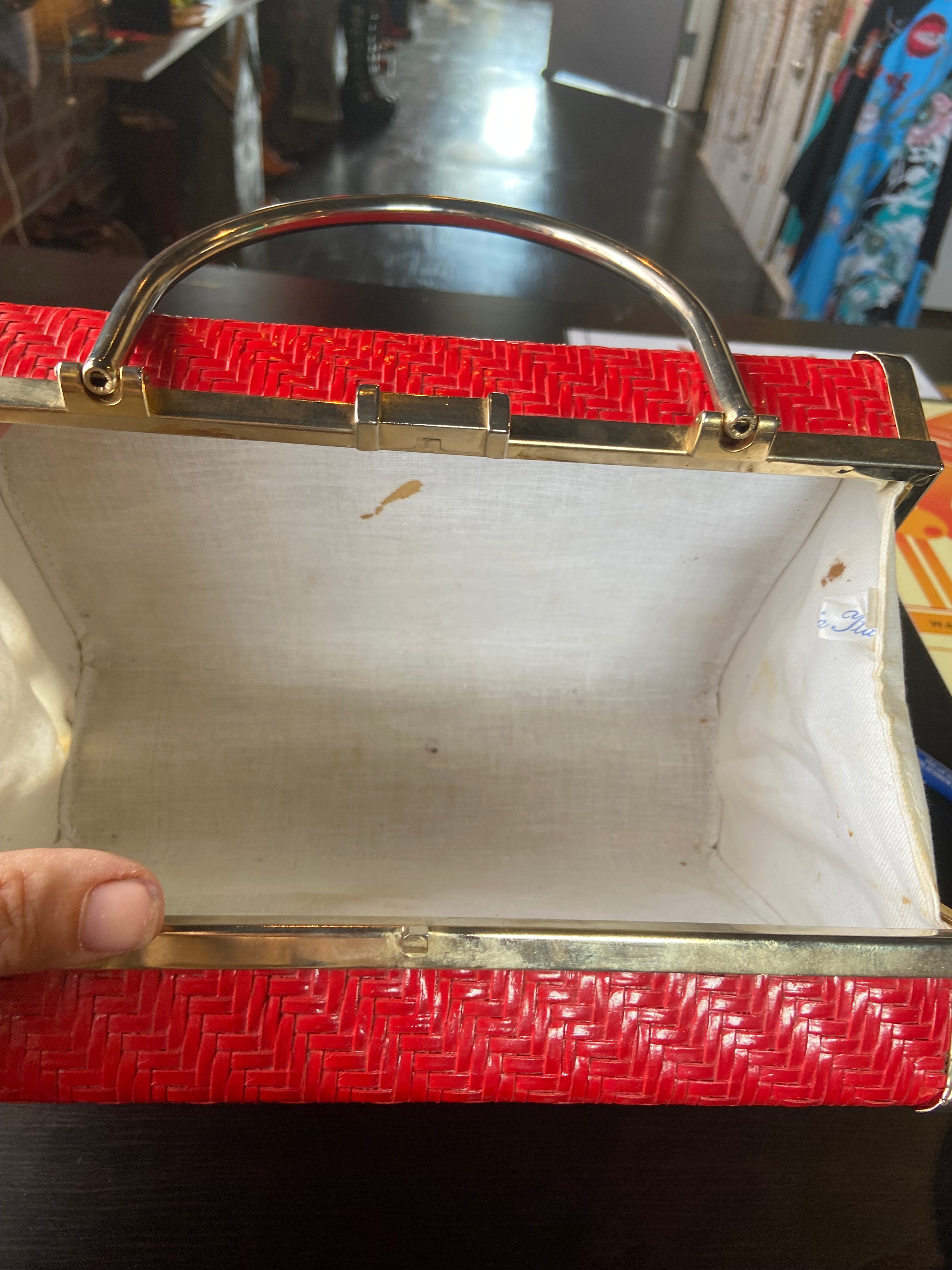 Vintage 60s/70s Varnished Red Wicker Bag// Box-style Handbag / Mid Century