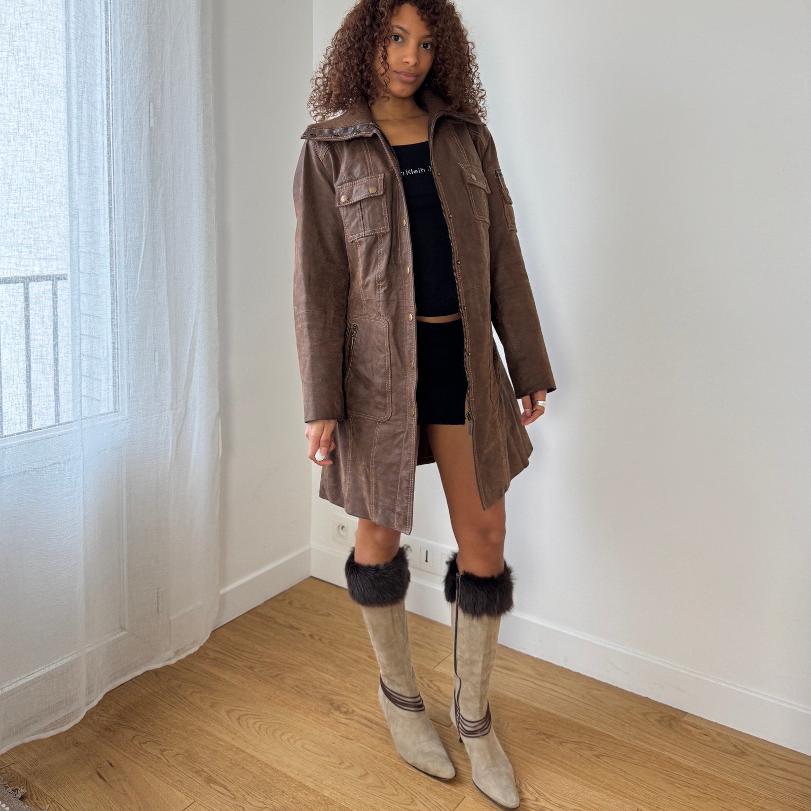 Vintage Brown Leather Button Front Coat (S)