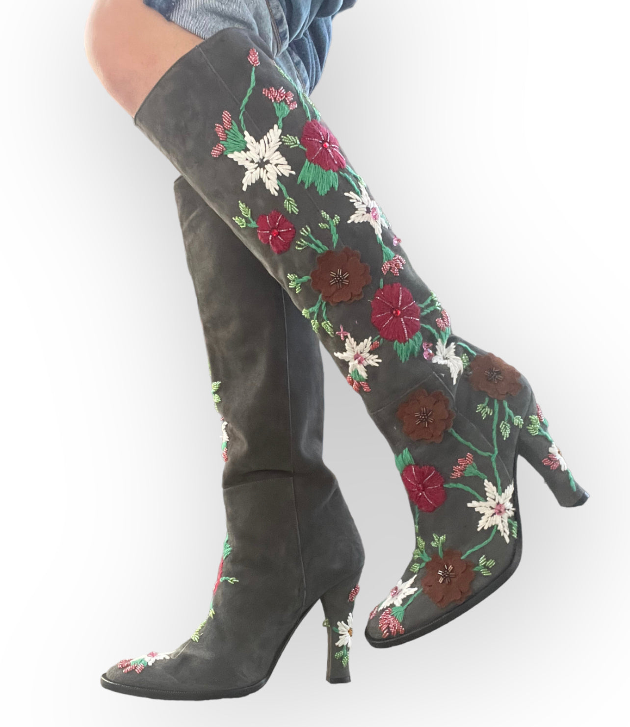 90s Dolce & Gabbana Grey Suede Knee-High Boots with Floral Embroidery and Beading (8.5)