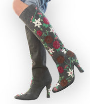 90s Dolce & Gabbana Grey Suede Knee-High Boots with Floral Embroidery and Beading (8.5)