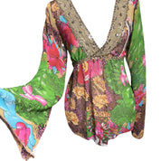 Unique print bell sleeve tie back babydoll top (M)