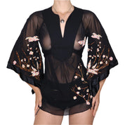 Y2K Black Mesh Embroidered Bell Sleeve Top (M/L)