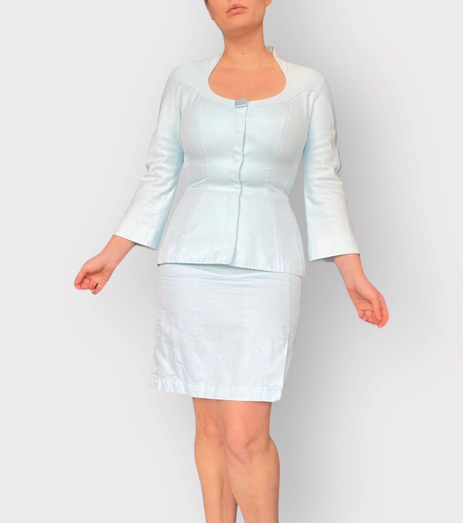 90s Thierry Mugler Designer Skirt Suit in Baby Blue (S)