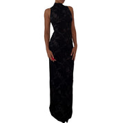Italian vintage black floral print slinky maxi dress with high neck, open back & back slit