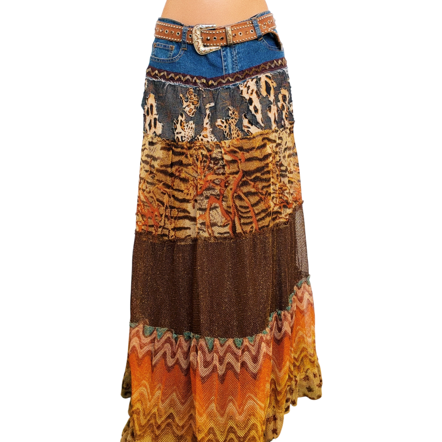 Vintage Funky Embellished Maxi Skirt & Leather Belt (M)