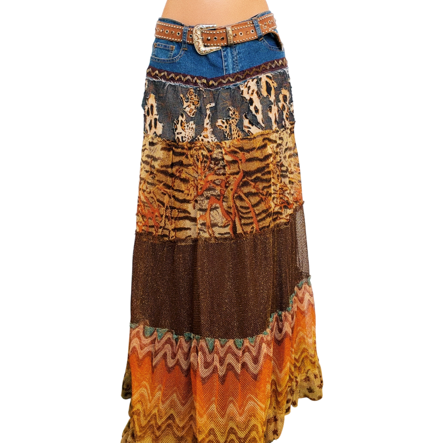 Vintage Funky Embellished Maxi Skirt & Leather Belt (M)