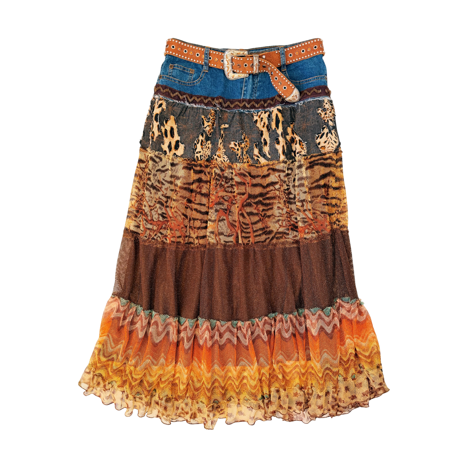 Vintage Funky Embellished Maxi Skirt & Leather Belt (M)