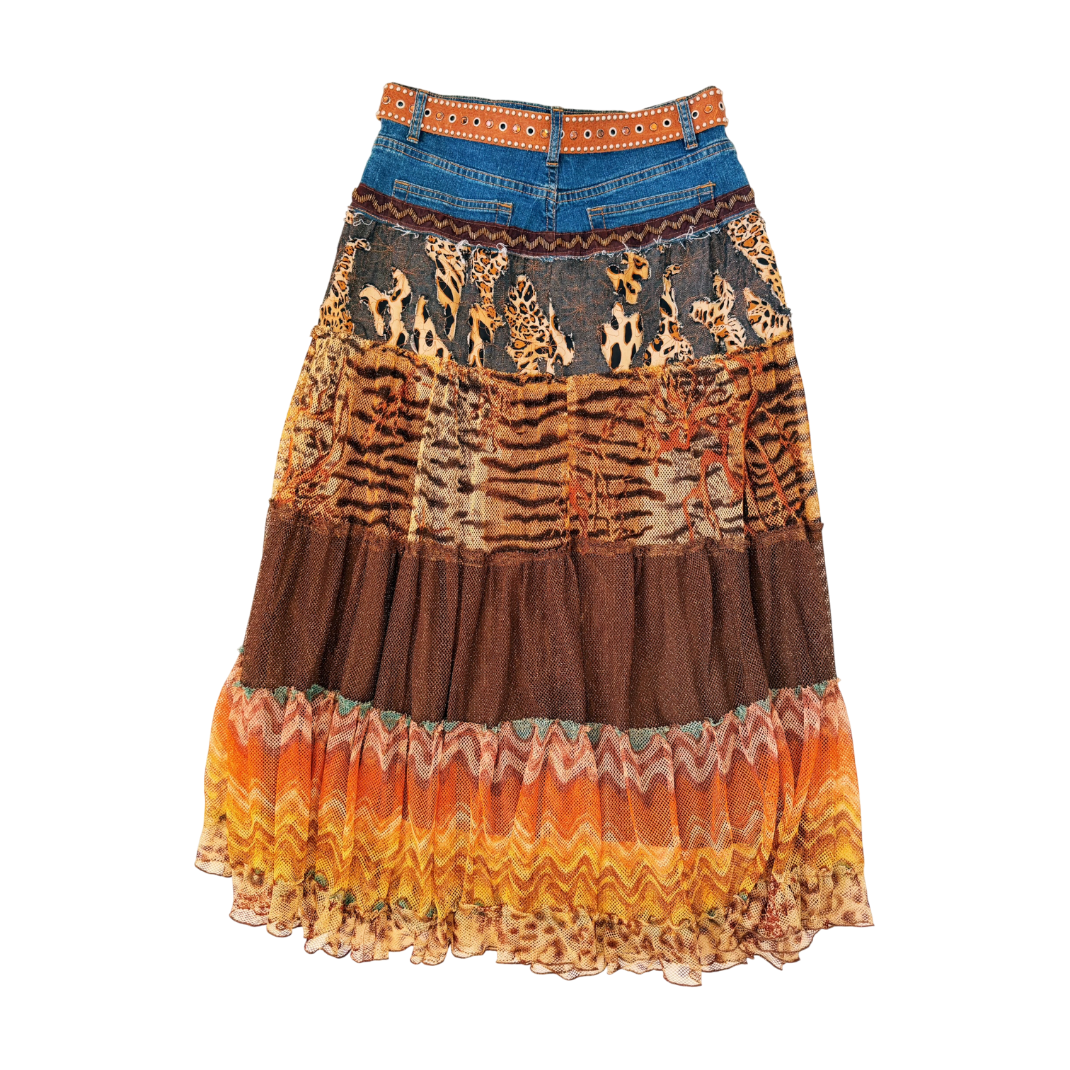 Vintage Funky Embellished Maxi Skirt & Leather Belt (M)