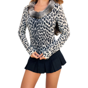 Blumarine Leopard Print Fur Collar Sweater (XS)