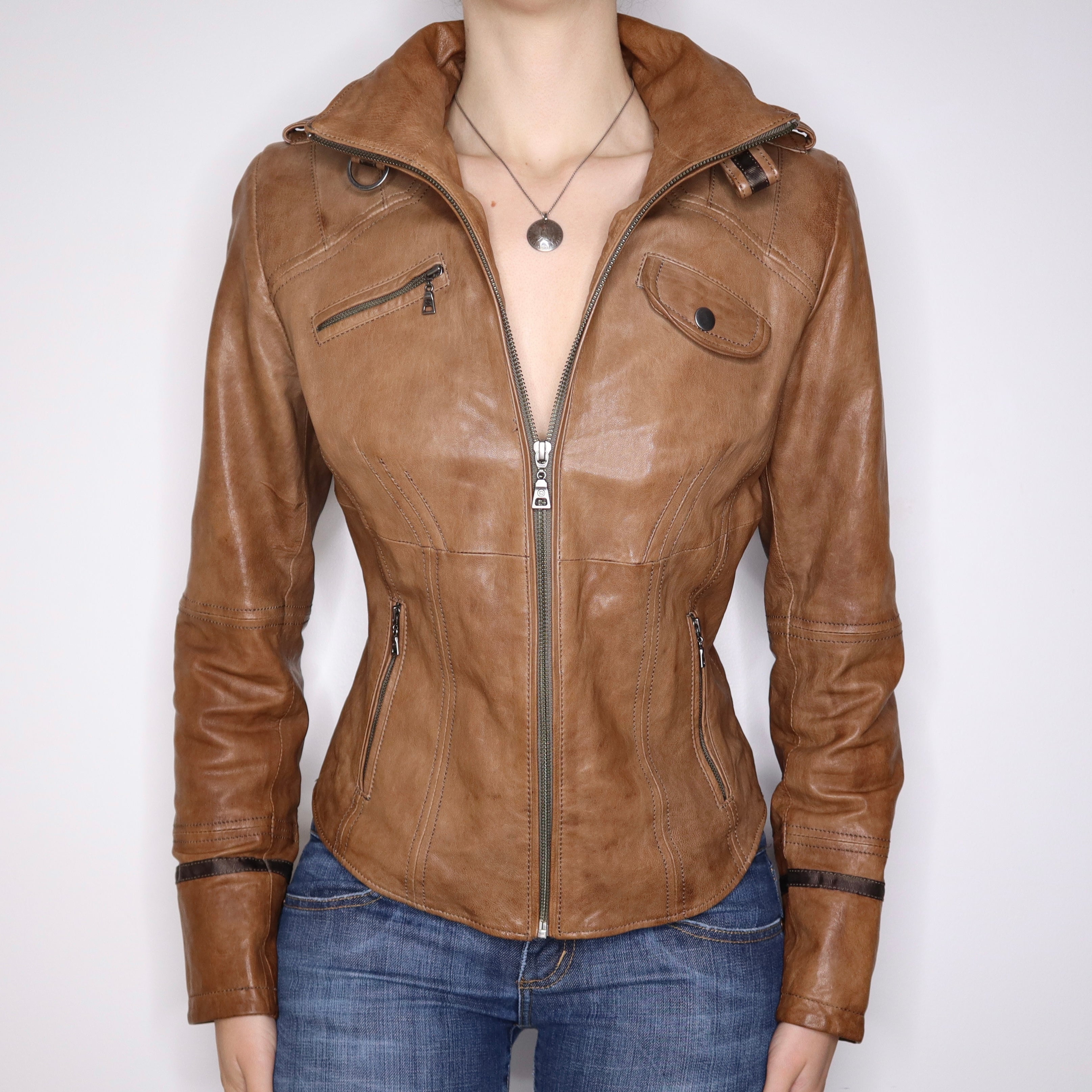 Y2K Sexy Brown Leather Moto Jacket (M) – Holy Thrift