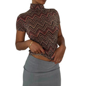 Italian Vintage Brown Copper Metallic Chevron Zigzag Knit Short Sleeve Turtleneck Top