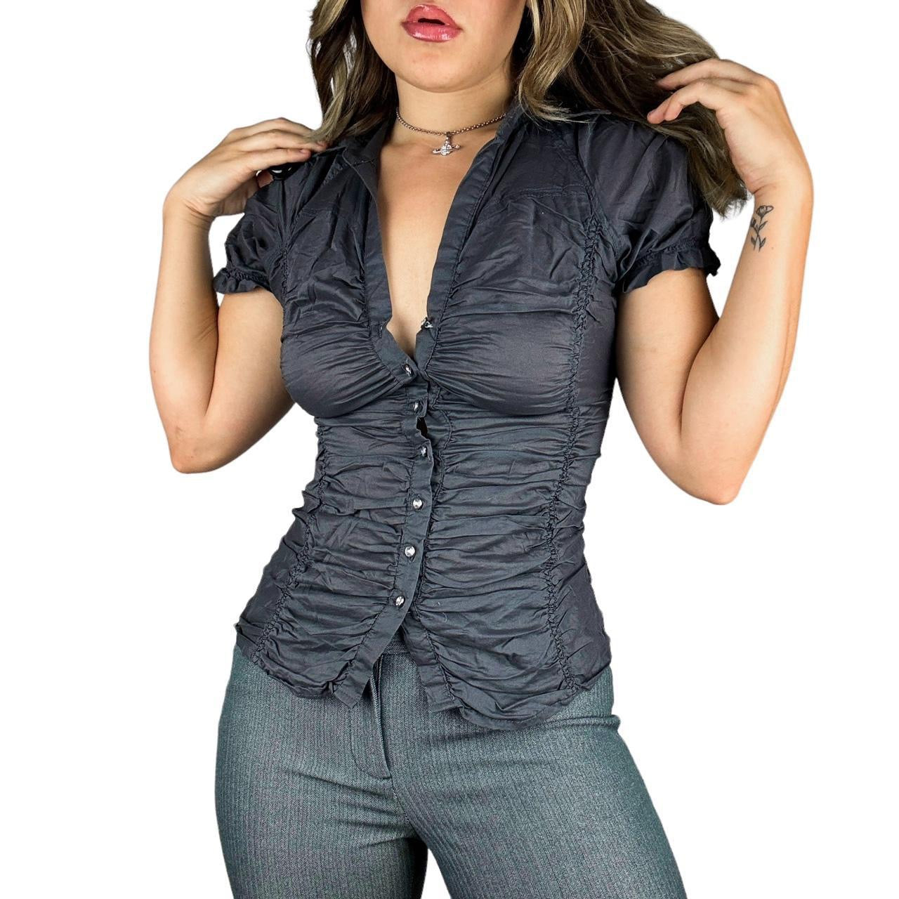 Y2K Ruched Puff Sleeve Blouse (S)