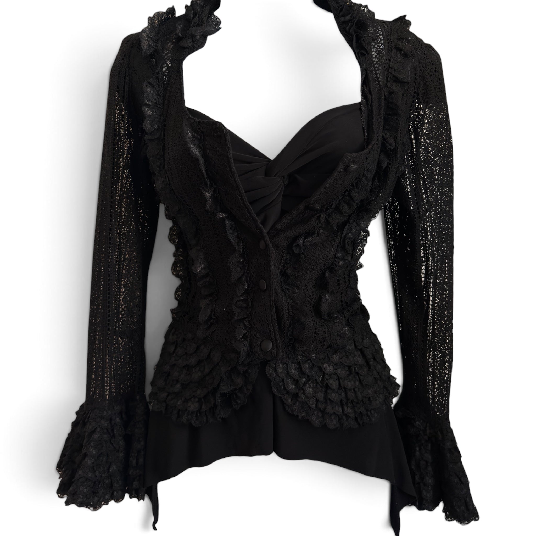 Vintage black ruffle button up blouse S/M)