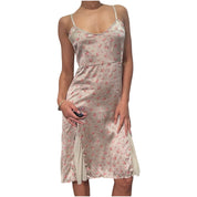 00s euro tan floral print silk satin midi dress with tulle fabric (S)
