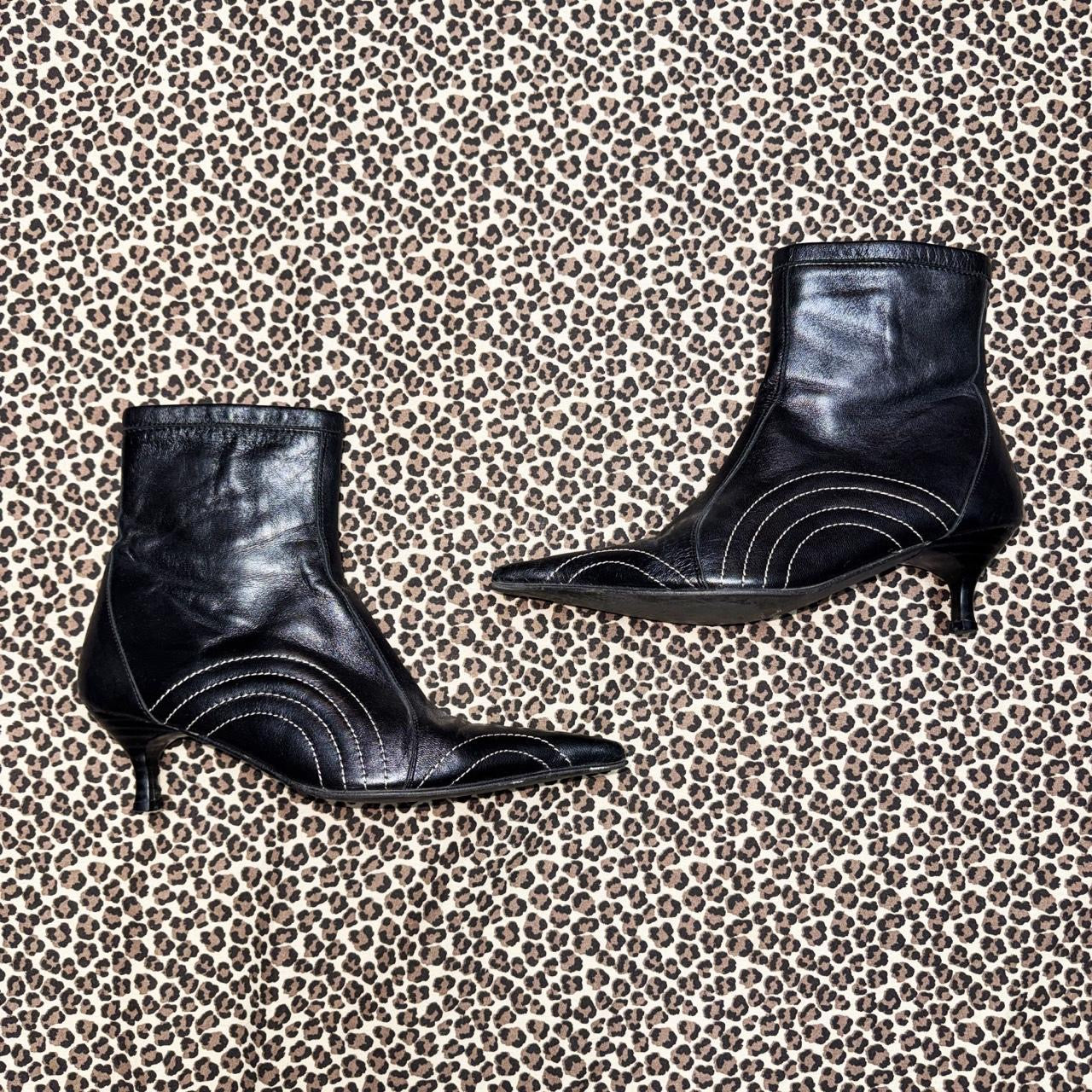 Y2K Stitched Black Leather Pointed Toe Kitten Heel Ankle Boots (7)