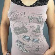 French Y2K “Fashion Gone Wild” Lace Trim Graphic Tank (XS)
