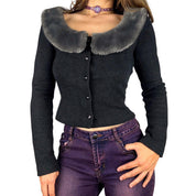 90s Faux Fur Collar Cardigan (S/M)