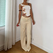 Shirt Passion Italian vintage Y2K cream & brown asymmetrical mesh top with embroidered floral appliqués, leopard print back & one shoulder detail