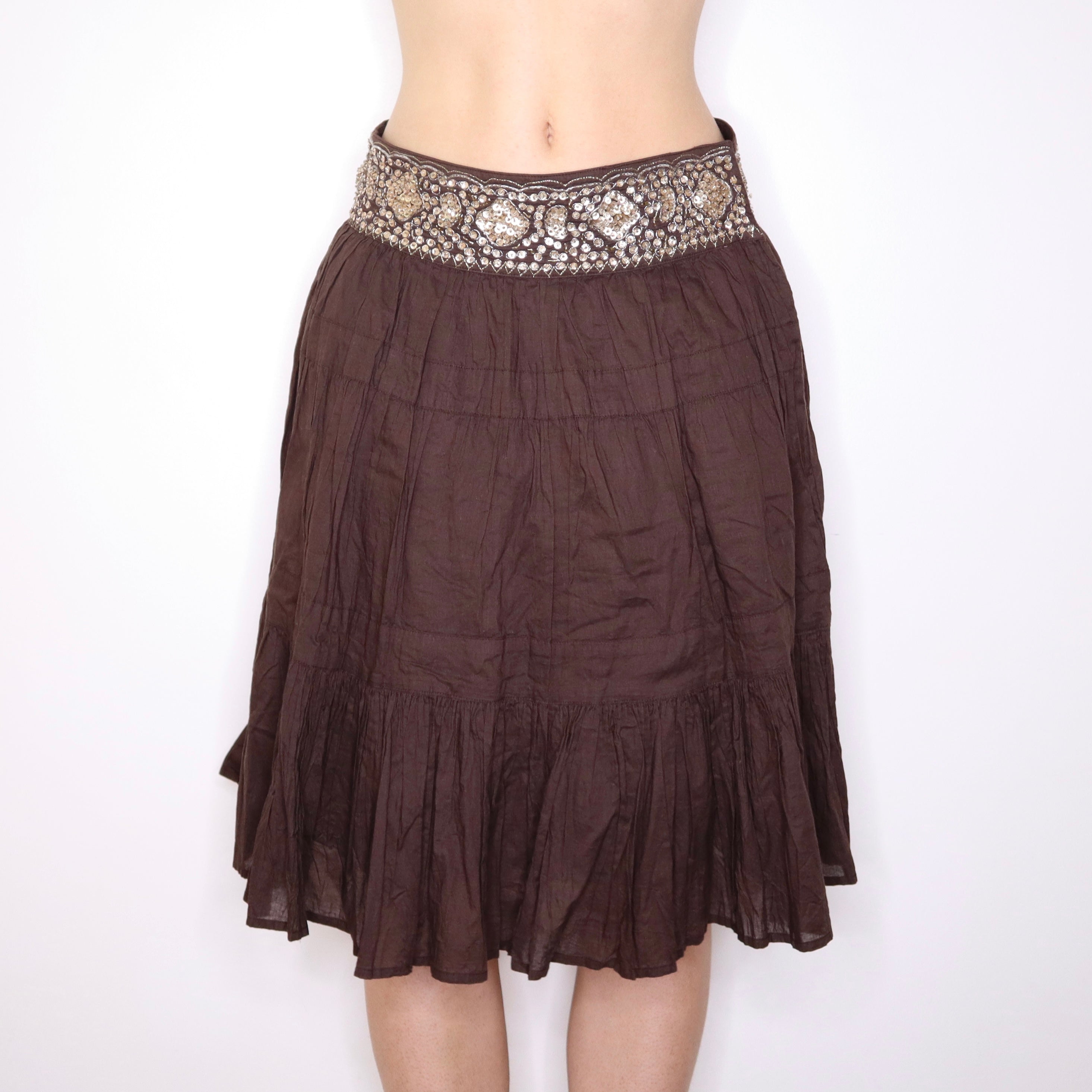 Y2K Brown Beaded Boho Midi Skirt (XS/S)