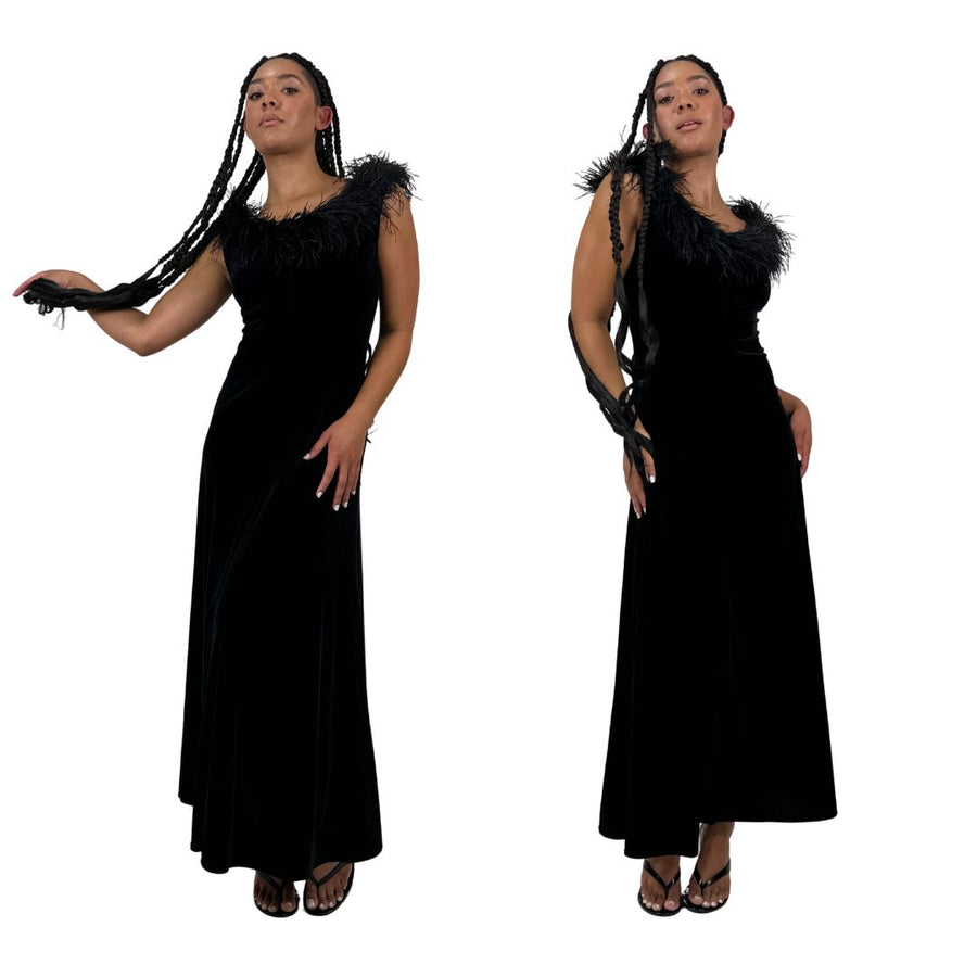 90s Noir Velvet Feather Gown (M)
