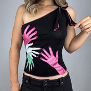 Italian Vintage Hand Print One Shoulder Top (M)