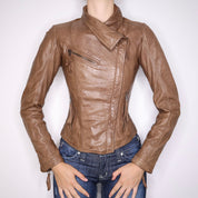 Y2K Sexy Brown Leather Moto Jacket (XS)