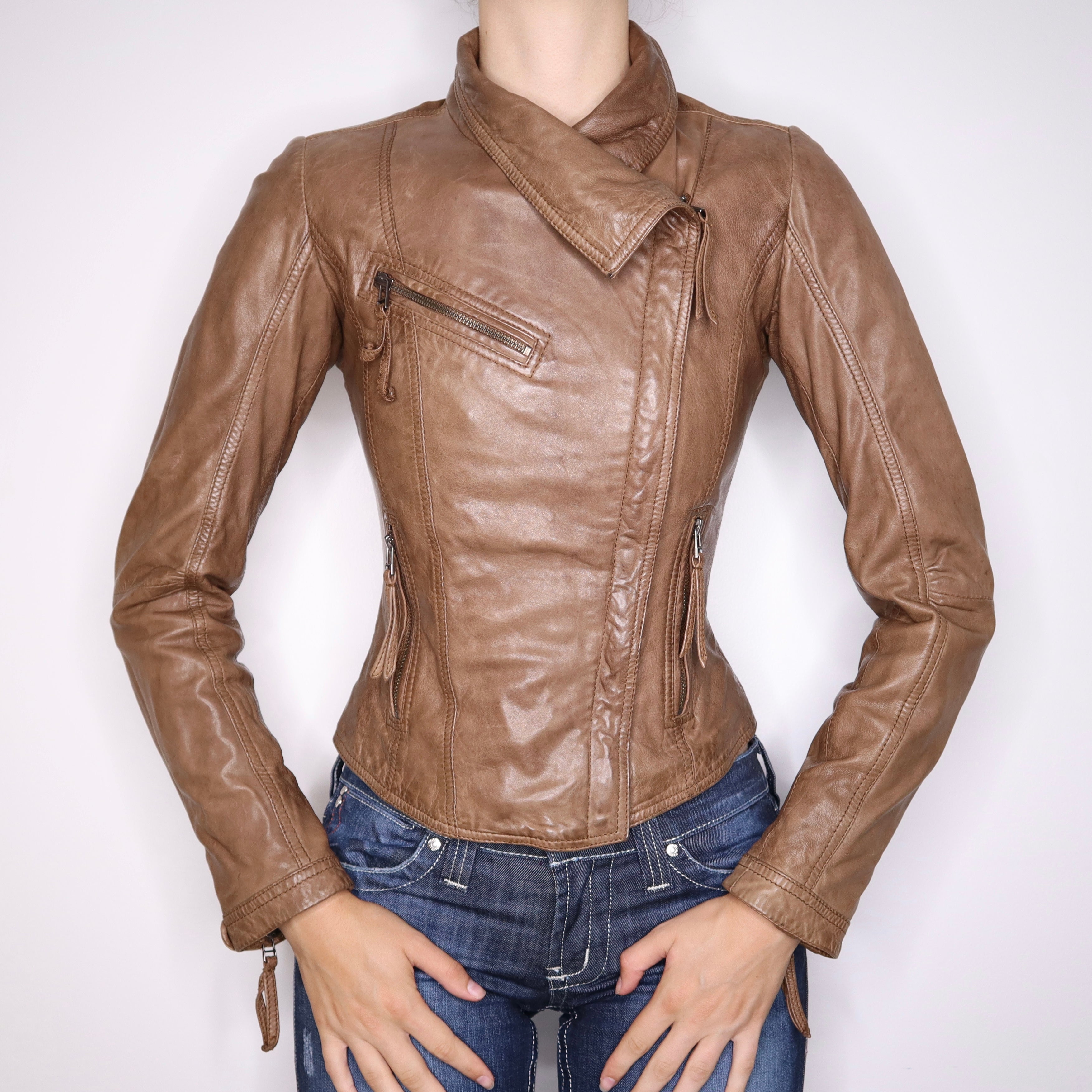 Y2K Sexy Brown Leather Moto Jacket (XS)