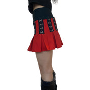 Hand-made Red Punk Pleated Mini Skirt (XS)