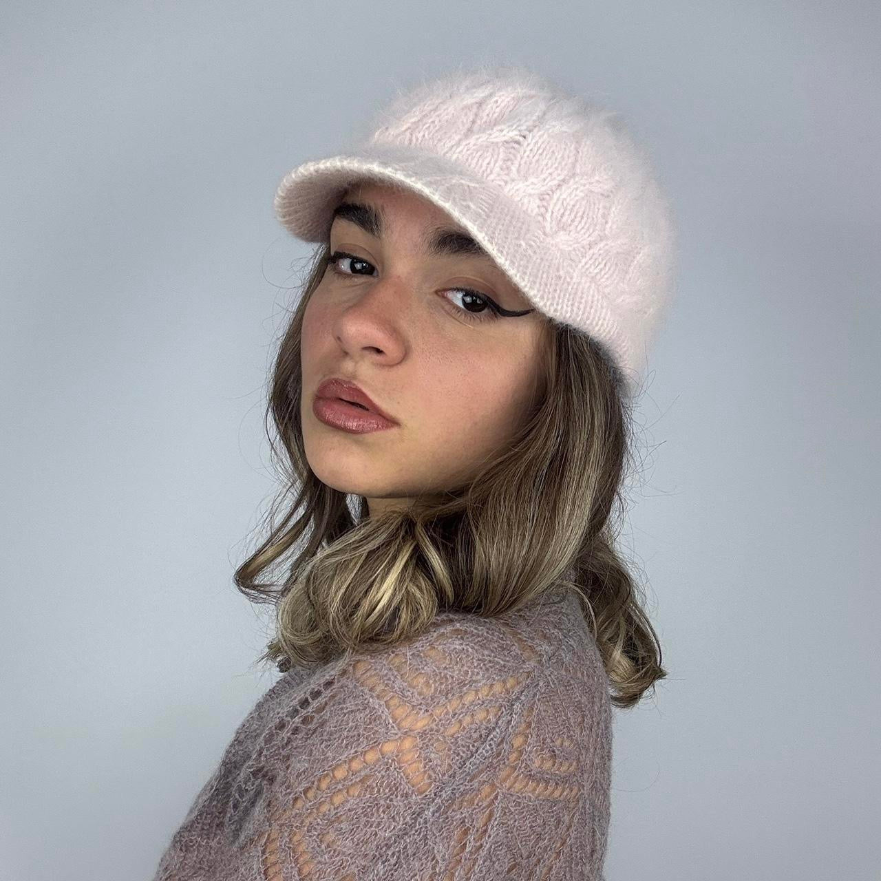 Baby Pink Angora Cable Knit Hat