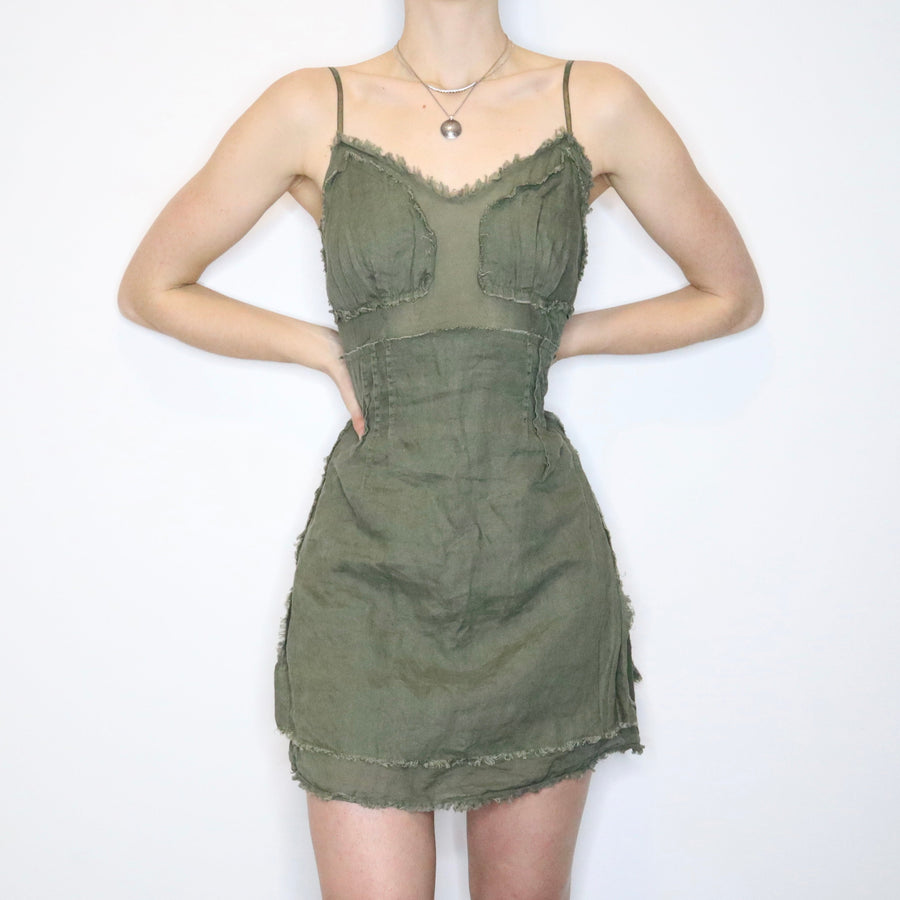 Y2K MISS SIXTY Khaki Green Linen Mini Dress (S/M)