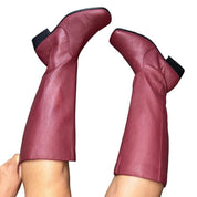 Burgundy Real Leather Knee High Block Heel Boots (10.5)