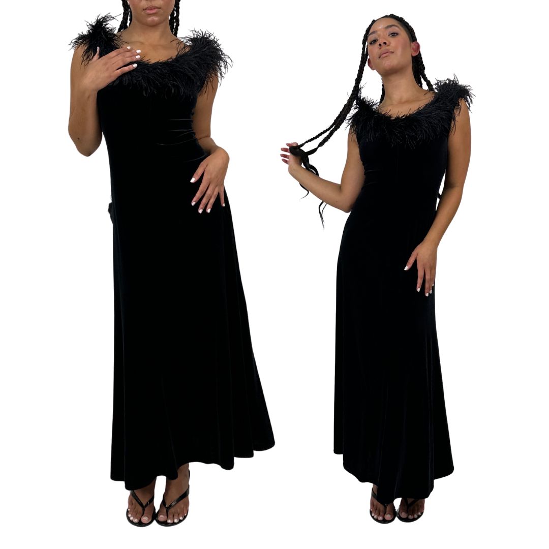 90s Noir Velvet Feather Gown (M)