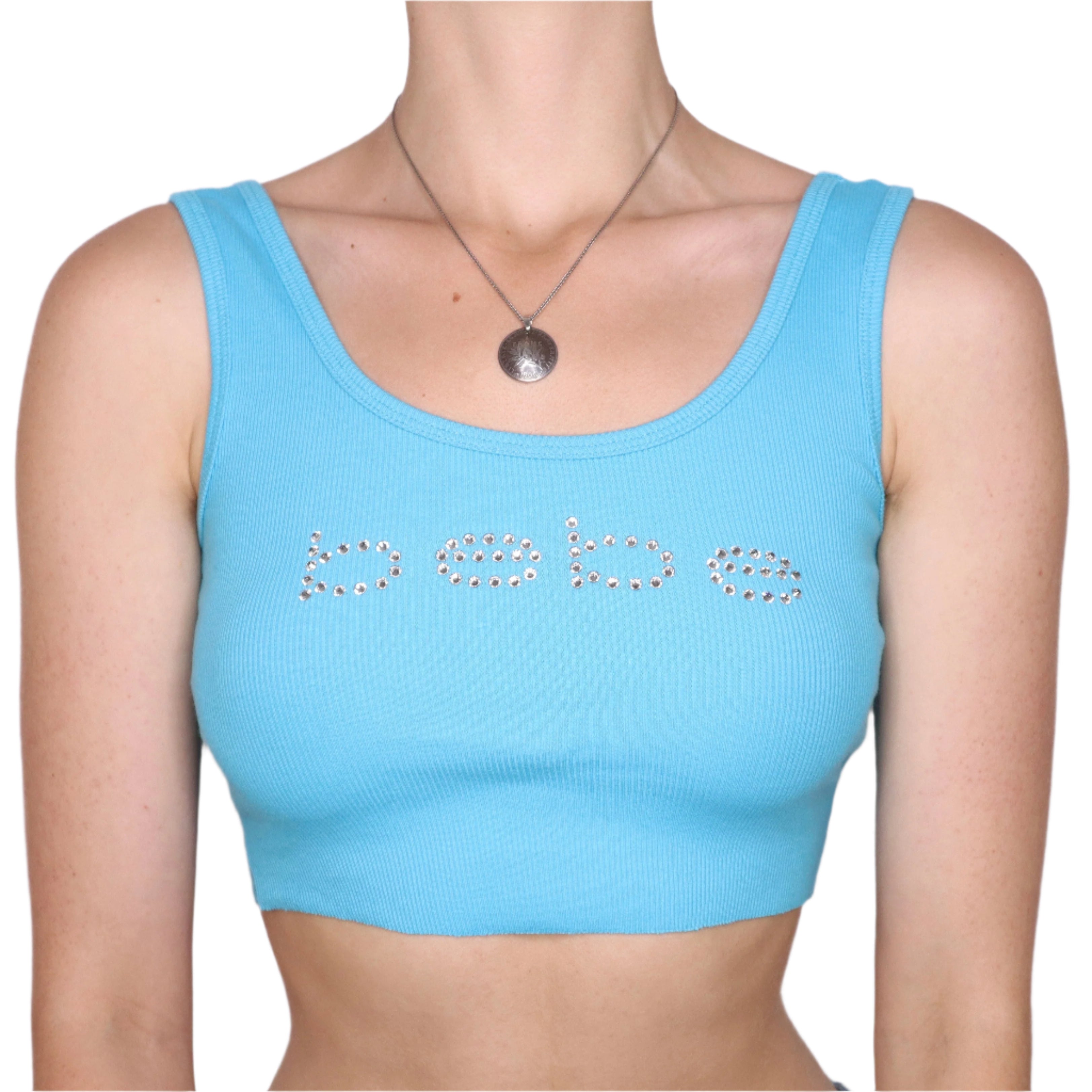 Y2K BEBE Blue Diamanté Cropped Tank Top (XS)