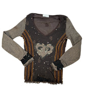 Vintage Euro Brown Graphic Mesh Long Sleeve top (XS)