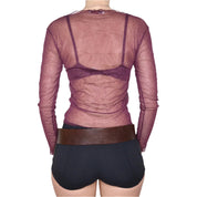 90s French Maroon Crinkle Mesh Long Sleeve Top (M)