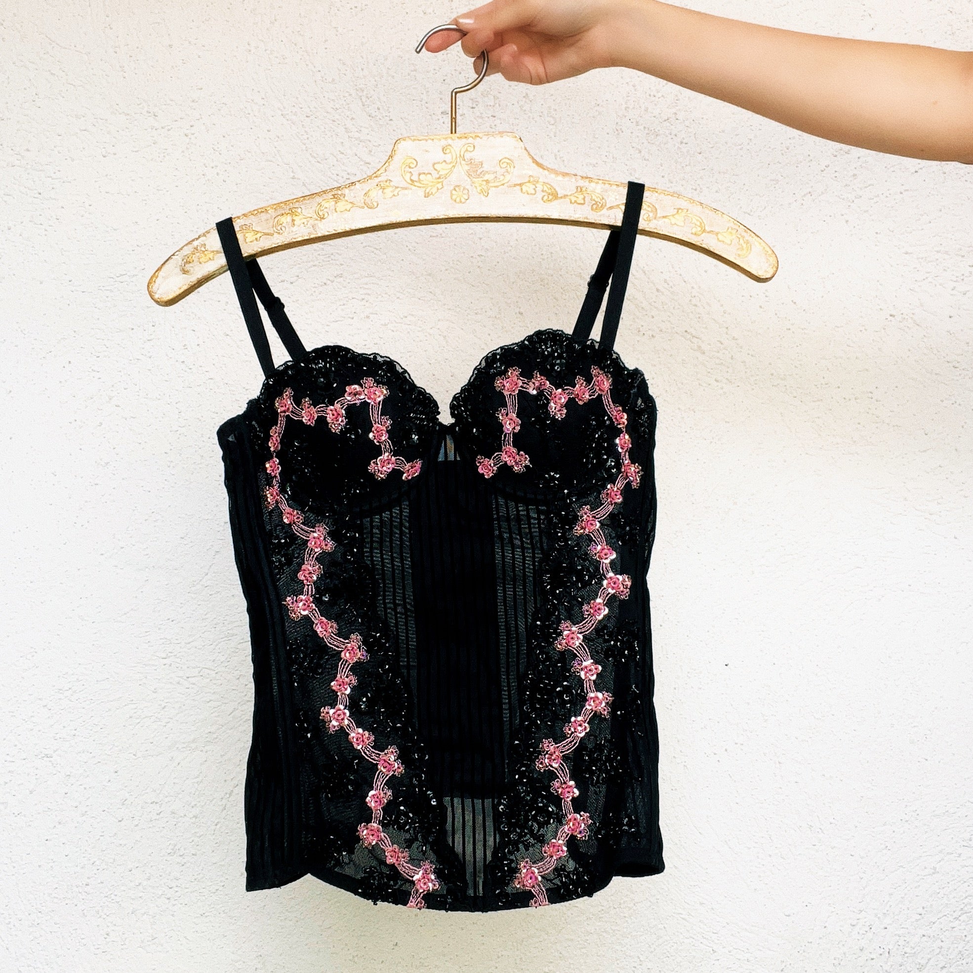 Black & Pink Beaded Bustier (XS)