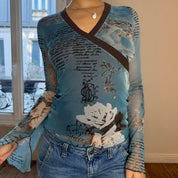 Vintage Graphic Mesh Flared Sleeves Top (S)