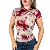 Y2K Slinky Floral Asian Inspired Top (M)