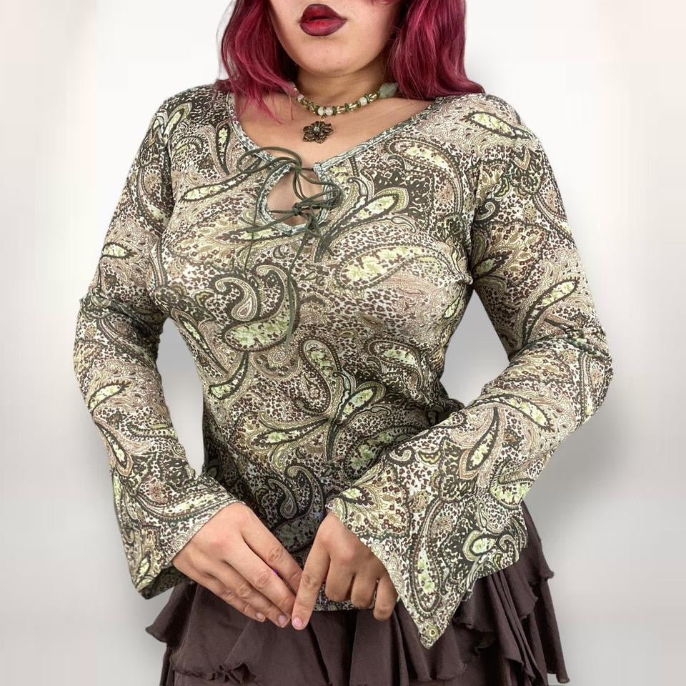 90s Paisley Mesh Bell Sleeve Top (M-L)