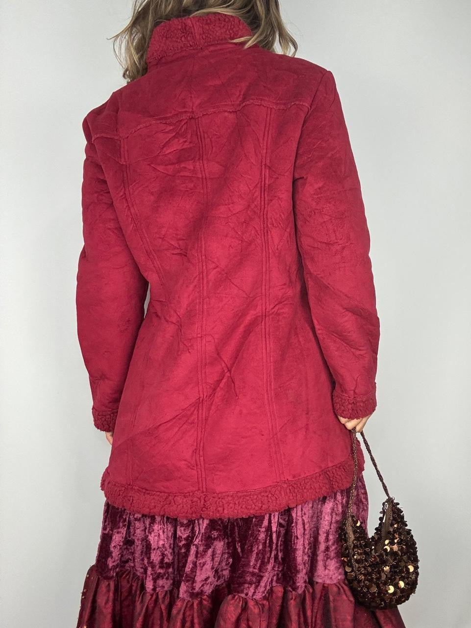 Y2K Burgundy Sherpa Faux Fur Trim Penny Lane Coat (M)