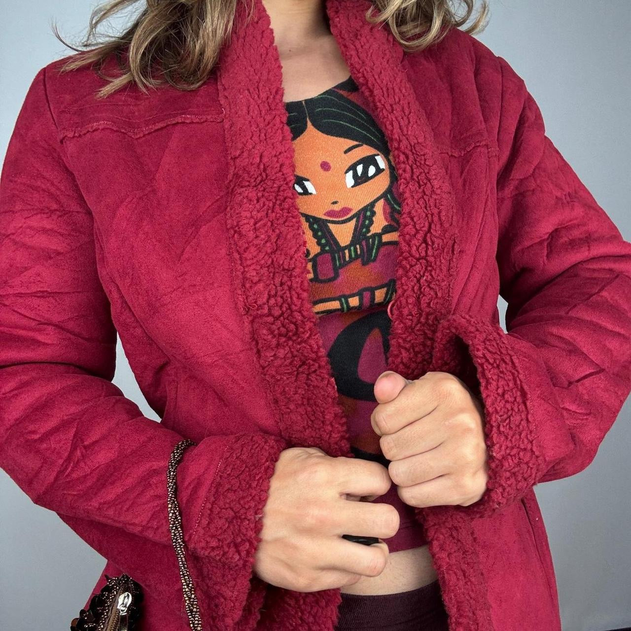 Y2K Burgundy Sherpa Faux Fur Trim Penny Lane Coat (M)