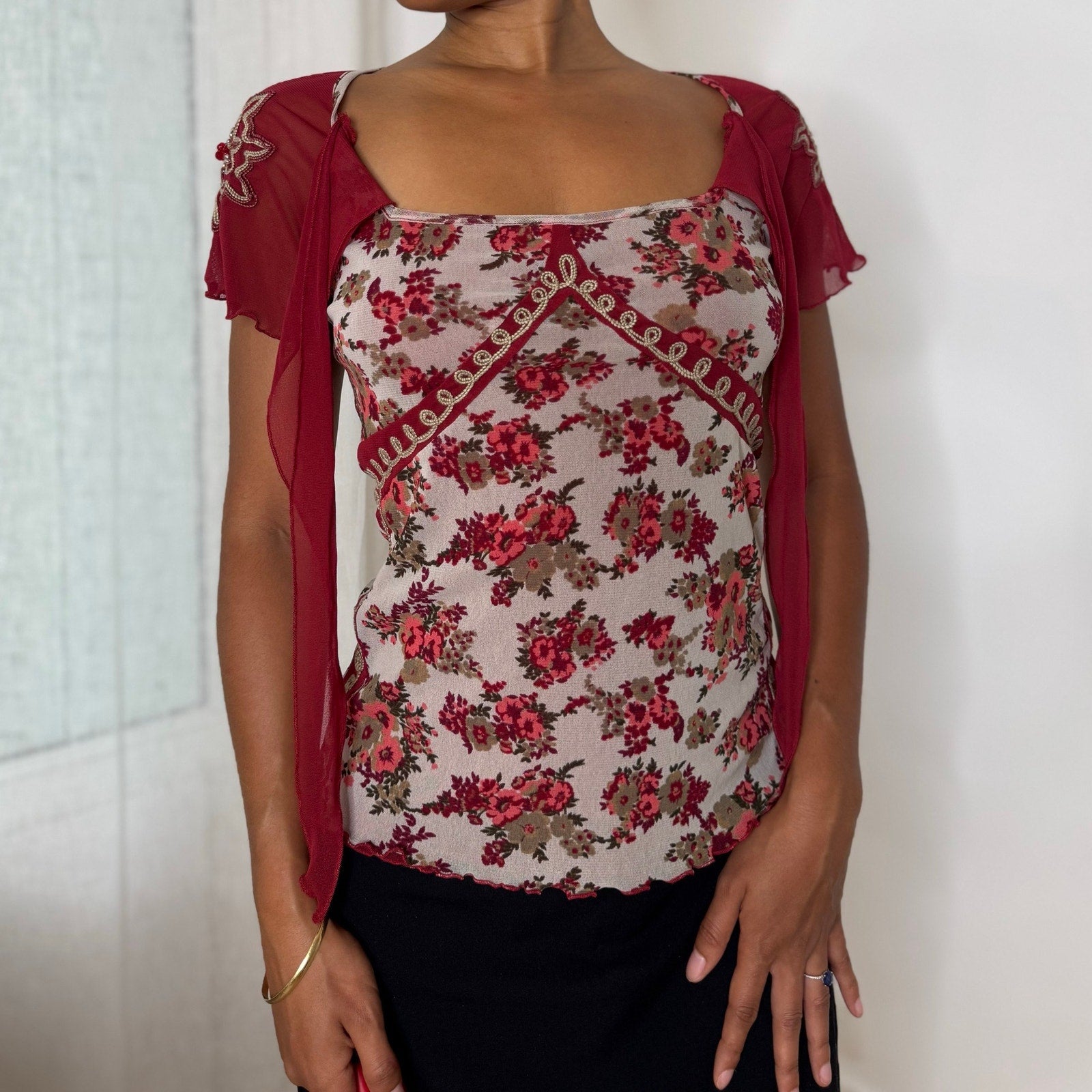 Italian vintage burgundy floral mesh top with beaded sleeves