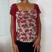 Italian vintage burgundy floral mesh top with beaded sleeves