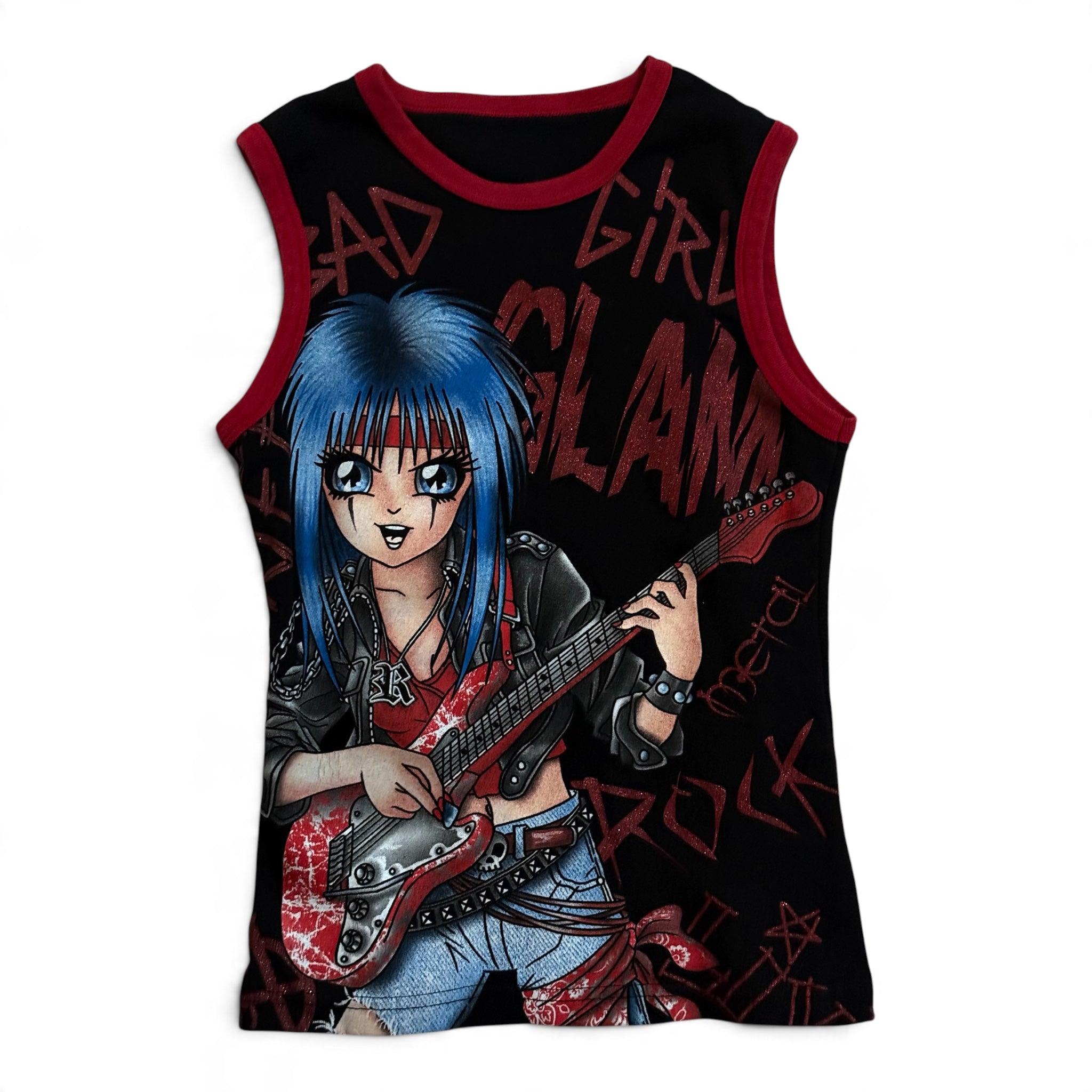 Vintage anime manga metal graphic glitter print tank top (XS/S)