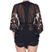 Y2K Black Mesh Embroidered Bell Sleeve Top (M/L)