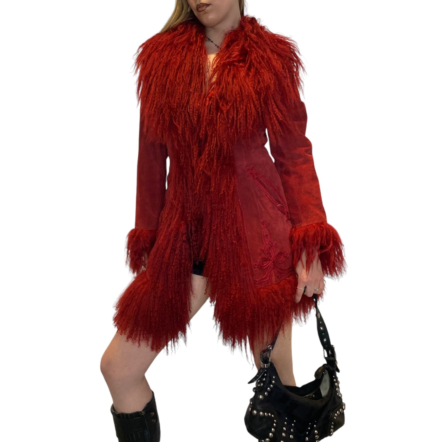 Vintage Red Suede Mongolian Fur Penny Lane Coat (S/M)