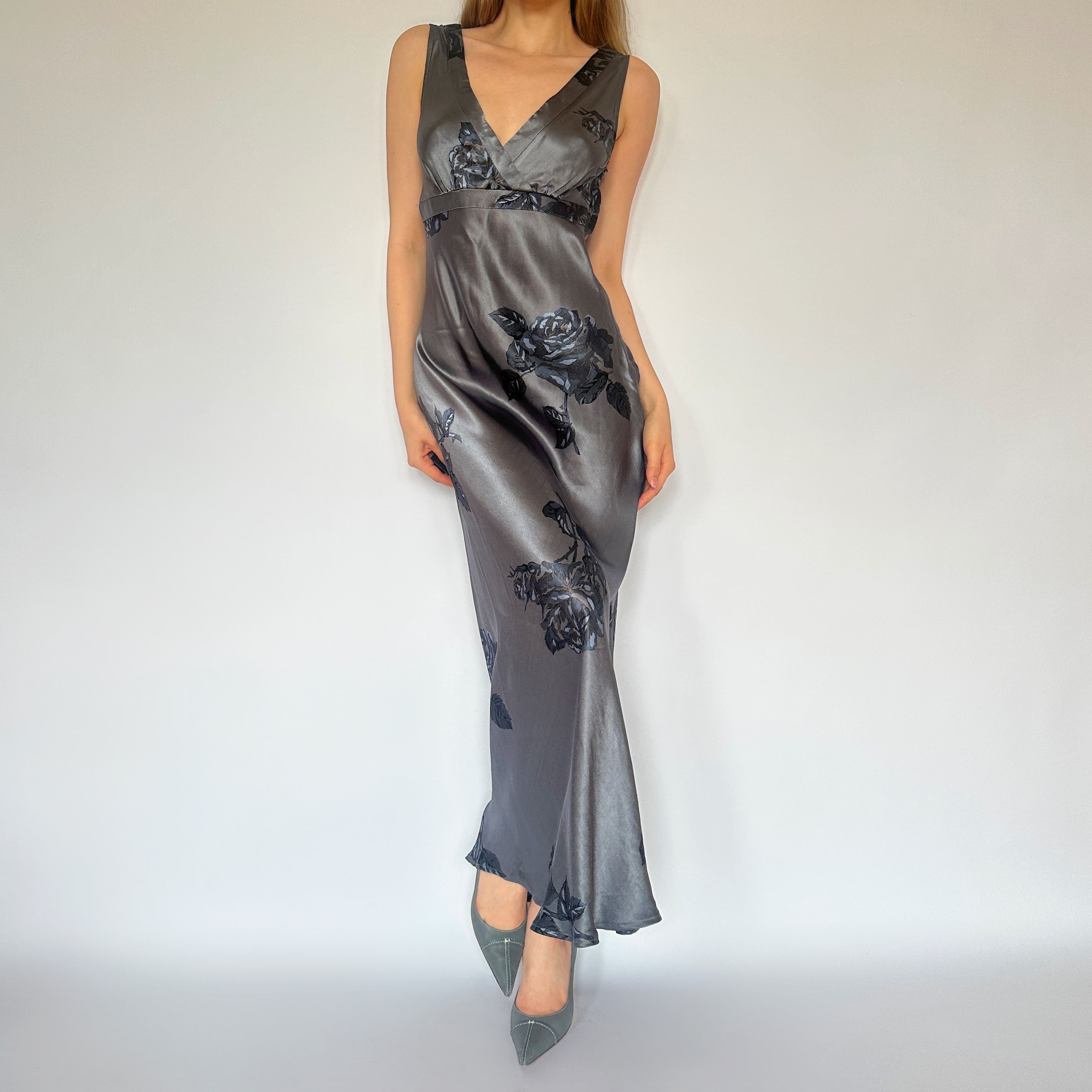 90s Muted Blue Floral Satin Maxi Dress (M)