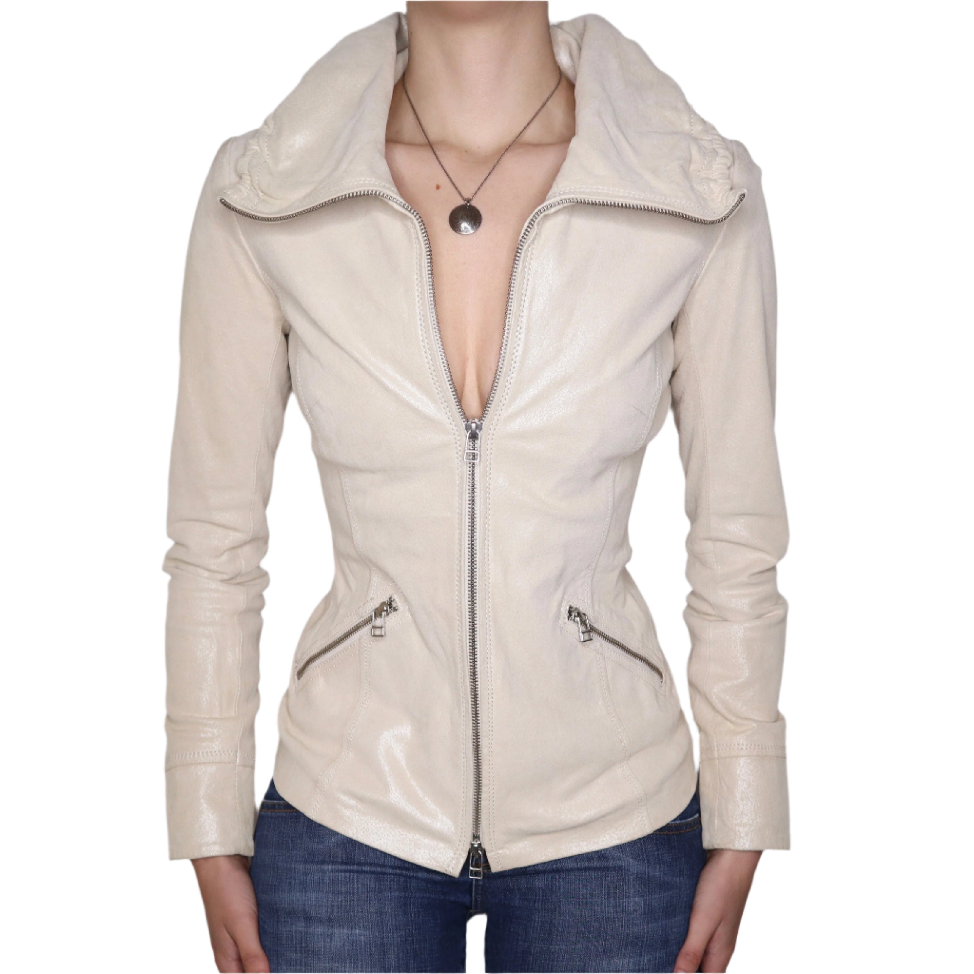 Y2K Sexy Beige Leather Moto Jacket (XS)