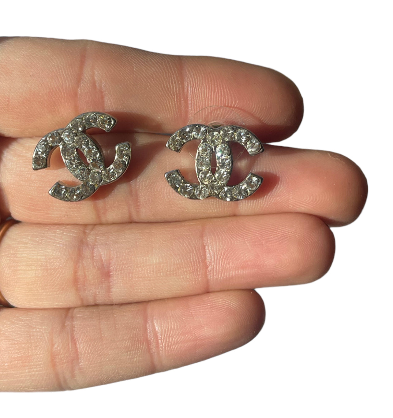 Silver Interlocking Cs Studs with Crystals, No Label